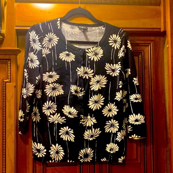 Talbots | Sweaters | Talbots Black White Floral 34 Sleeve Cardigan Sweater  Size Petite Large | Poshmark